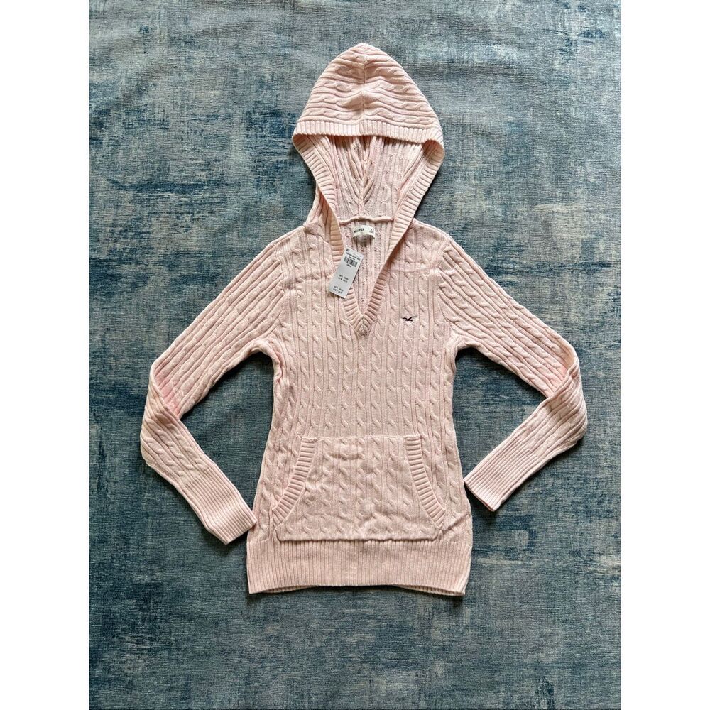 NWT! Hollister Pink Cable Knit V Neck Hoodie Sweater Small